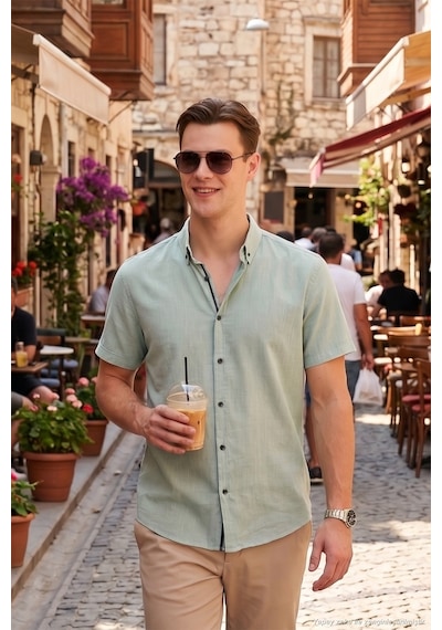 Buratti Pamuklu Slim Fit Düğmeli Yaka Kısa Kollu Erkek Gömlek Cf21S112546 Elma Yeşili