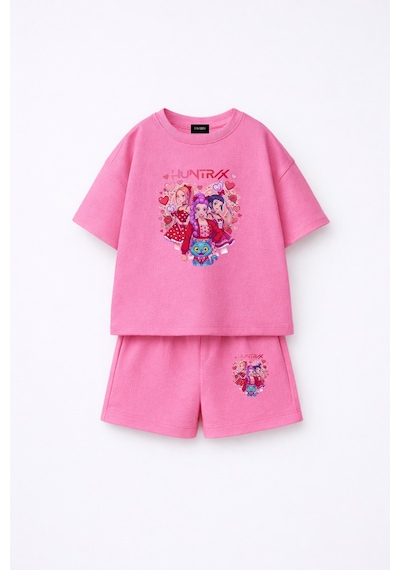 Fasardi Kpop Demon Hunters Huntrix Zoey Rumi Mira Baskılı Oversize %100 Pamuk Tişört Şort Çocuk Takım Pembe