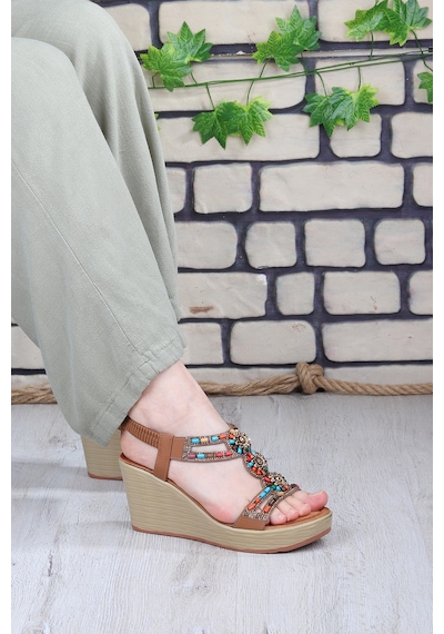 Vojo Heel Taş Detaylı 8 Cm Dolgu Topuklu Kadın Sandalet 267800001859 13 Taba Taba