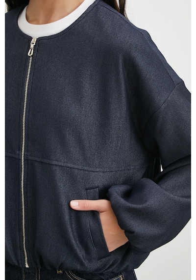Beli Lastikli Fermuarlı Denim Görünümlü Bomber Ceket Lacivert Lacivert
