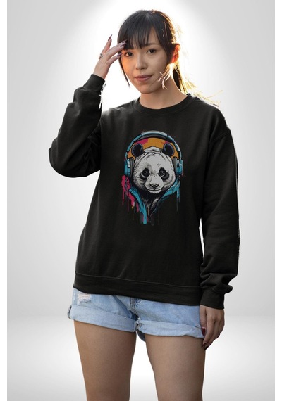 Kulaklık Ayı Panda Unisex Siyah Baskılı Sweatshirt Siyah