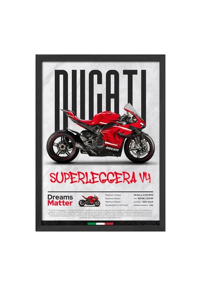 Ducati Superleggera V4 Siyah Ahşap Çerçeveli Poster, Dekoratif Motosiklet Duvar Tablosu