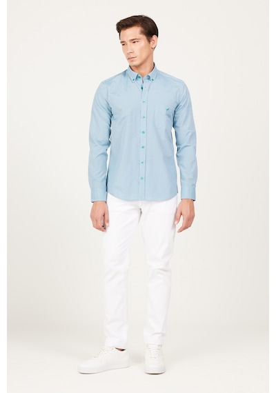 AC&Co / Altınyıldız Classics Erkek Lacı-yesıl Slim Fit Dar Kesim Düğmeli Yaka Logolu Cepli Pamuklu Çizgili Gömlek Lacivert - Yeşil