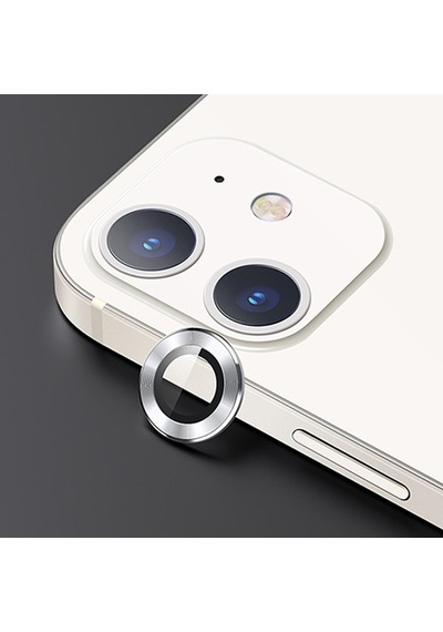 Usams Apple Uyumlu iPhone 12 - 12 Mini 3D Metal Çerçeveli Kamera Lens Koruyucu Gümüş