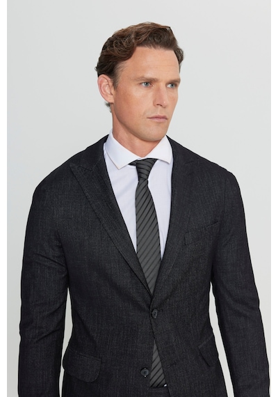 AC&Co / Altınyıldız Classics Erkek Sıyah Slim Fit Dar Kesim Kırlangıç Yaka Desenli Kapak Cepli Takım Elbise Siyah
