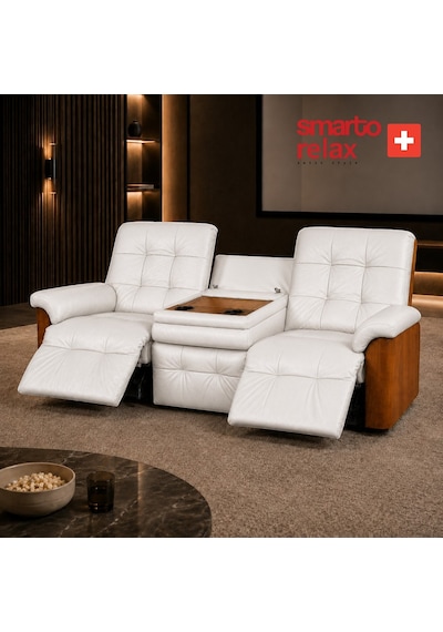 Smarto Relax Berlin 3 Lü Orta Konsollu Bardaklıklı Yatar Ayak Uzatmalı Ergonomik Deri Sinema Tv Koltuğu Beyaz