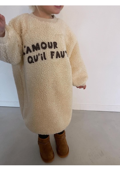 Kız Çocuk Yeni Sezon Taba - Taş Renk Nakış Detay İşlemeli Peluş Midi Boy Elbise Taş