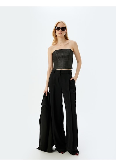 Koton Straplez Crop Parıltılı Dokulu Kolsuz Fermuarlı Bluz Siyah 5wak60015fw Siyah