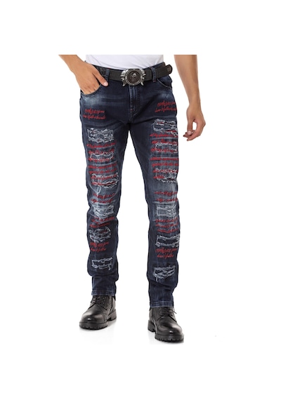Cd694 Yırtık Detaylara Sahip Yazı İşlemeli Erkek Jean Pantolon Blue