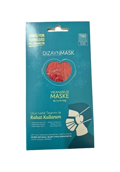 Dizaynmask Gümüş İyonlu Bez Maske Kırmızı Çocuk M 5-10 Yaş