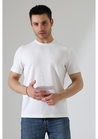 Rıbana Classıc Erkek Fitilli Slim Fit Bisiklet Yaka Düz Renk T-shirt Beyaz