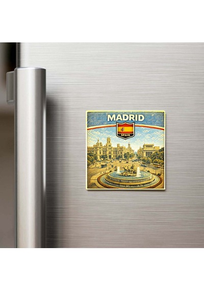 Retro İspanya Madrid Şehri Temalı Vintage Buzdolap Magneti 9x9 Cm