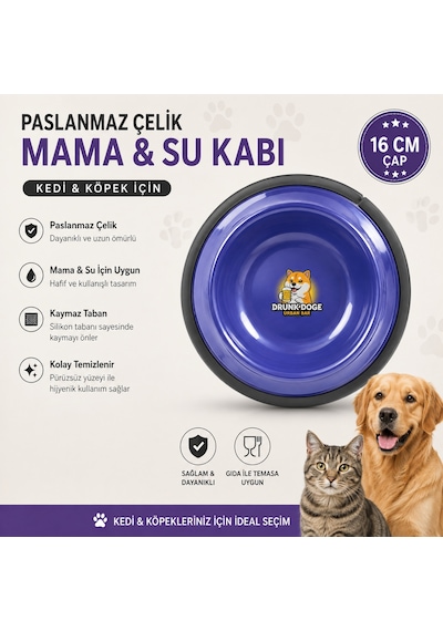 Paslanmaz Çelik Kedi Köpek Mama Ve Su Kabı 16 Cm Kaymaz Tabanlı - Lacivert