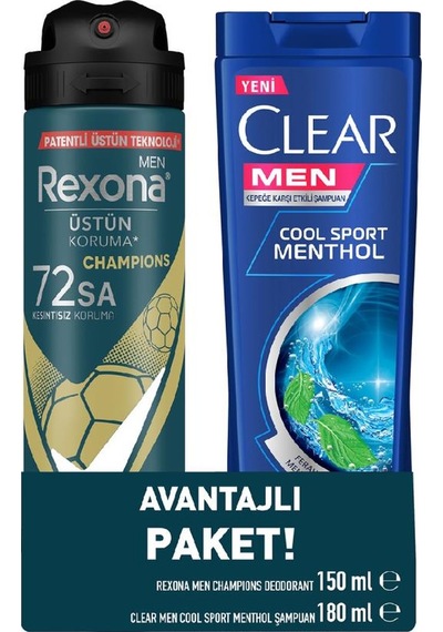 Rexona Champions Erkek Sprey Deodorant 150 ML + Clear Men Cool Sport Menthol Şampuan 180 ML