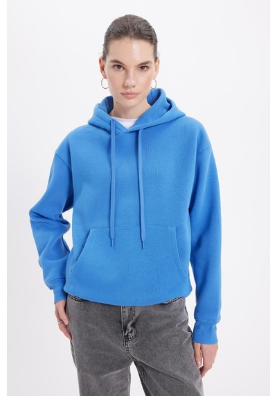 Tudors Kadın Oversize Geniş Kesim Pamuklu Yumuşak Dokulu İçi Polarlı Basic Mavi Kapüşonlu Sweatshirt-37901 Mavi