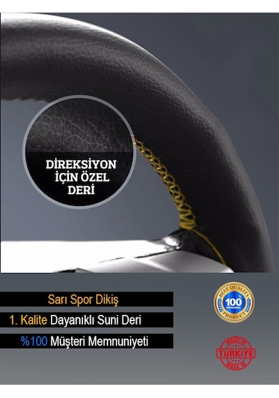 Mazda 323 Özel Süper Deri Direksiyon Kılıfı, Sarı Şeritli Spor Dikiş Renkli