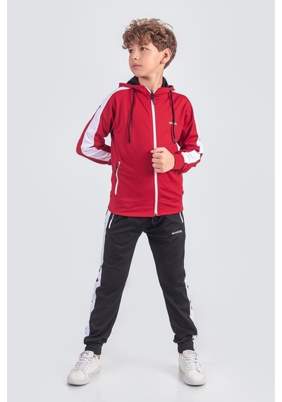 Pina Kids Erkek Çocuk Scuba Potential Kalın Şeritli Kapüşonlu Dalgıç Kumaş Eşofman Takımı Esf7026 KIrmızı