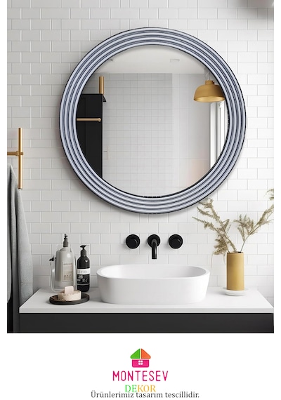 Zümrüt Ahşap Gümüş Yuvarlak Ayna Işlemeli Duvar Banyo Aynası 43cm Gümüş
