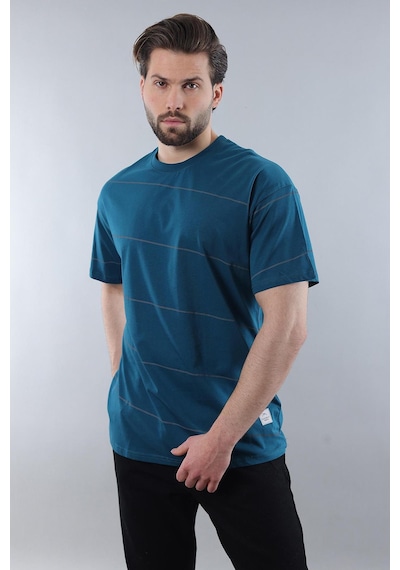 Madmext Petrol Mavisi Bisiklet Yaka Basic Çizgili Erkek T-shirt E7102 Petrol Mavisi