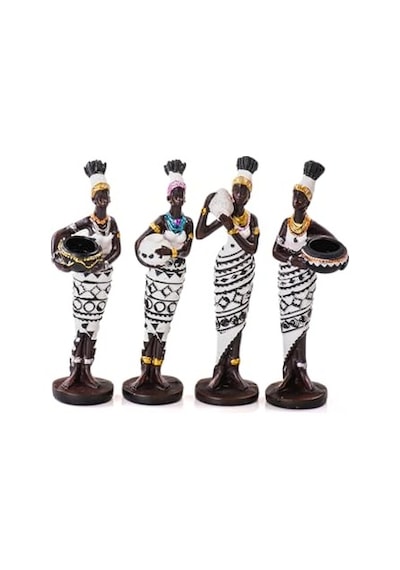 Mukko Home Siyah Beyaz Küp Taşıyan 4'lü Afrikalı Kadın Biblo Seti - Polyester Dekoratif Figür 15x4 Cm ,beyaz &am Diğer
