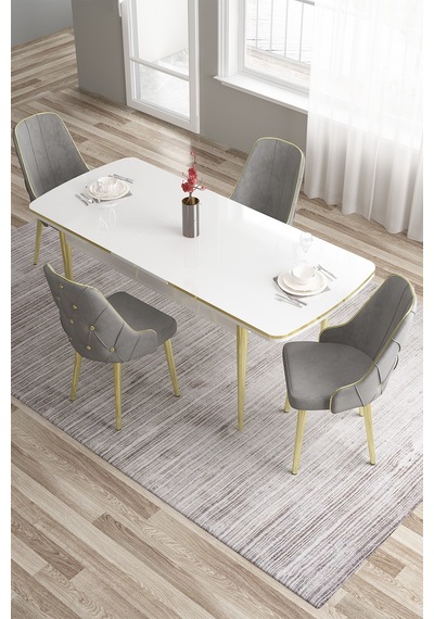 Canisa Tia Serisi 80x132 Açılabilir Mdf Mutfak Masası Takımı Beyaz Masa Gold Detay 4 Gri Sandalye Masa Beyaz Sandalye Gri Canisa Tia Serisi 80x132 Açılabilir Mdf Mutfak Masası Takımı Beyaz Masa Gold Detay 4 Gri Sandalye Masa Beyaz Sandalye Gri