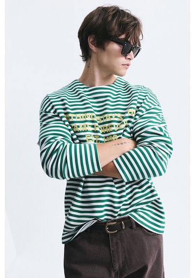 Vamos Oversize Çizgili Sweatshirt Ekru/yesıl
