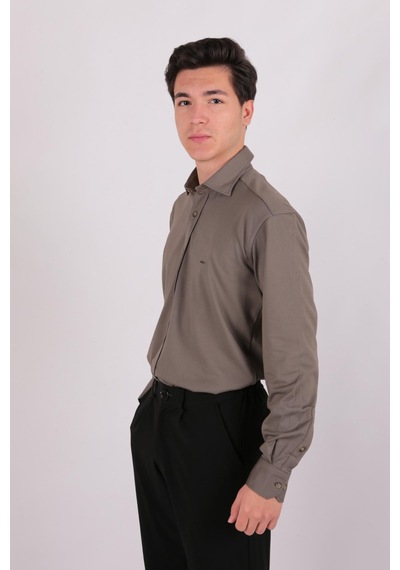 Twın Lıon Twin Lıon 408 Slimfit Örme Düz Gömlek Haki