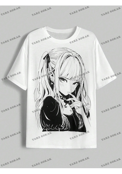 Tarzsokak Unisex Bay Anime Sevimli Anime Kız Baskı Casual Kadın Gevşek Kısa Kollu Tişört Kod-1308 Beyaz