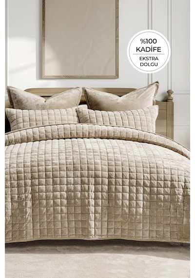 Evlen Home Collection Kadife Stacy Yatak Örtüsü Seti Çift Kişilik Elyaf Dolgulu Yumuşak 3 Parça Bej
