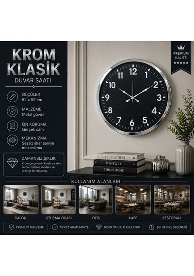 Krom Standart Dekoratif 52 X 52 Cm Duvar Saati Klasik Metal Beyaz Kadran
