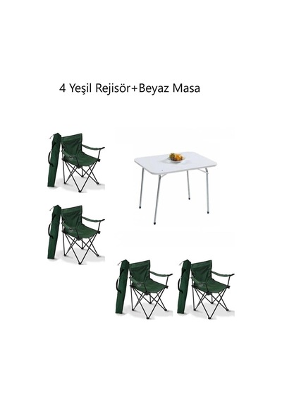 60x80 Katlanır Beyaz Masa+ 4 Adet Yeşil Rejisör Sandalyesi Katlanır, Sandalye Piknik Plaj Sandalyesi Çok Renkli