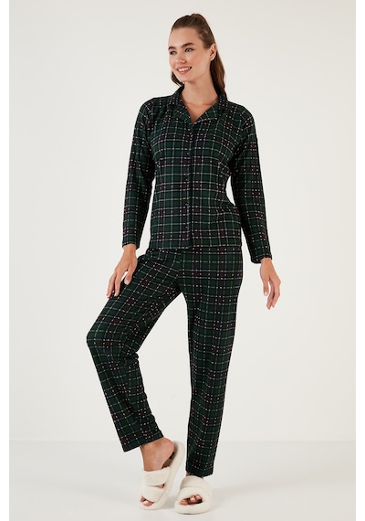 Lela Desenli Beli Lastikli Gömlek Yaka Dokuma Bayan Pijama Takımı 6095660W4 Yeşil