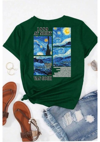 Unisex Van Gogh Yıldızlı Gece Sırt Baskılı Oversize T-shirt Yeşil