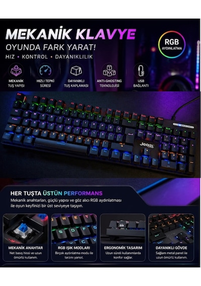 Jedel Kl-138 Blue Switch Mekanik Rgb Efekli Işıklı Oyuncu Klavye Q Türkçe Klavye