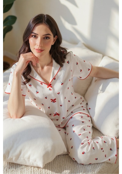 Bella Notte Pamuklu Kiraz Desenli V Yaka Pijama Takımı Kırmızı