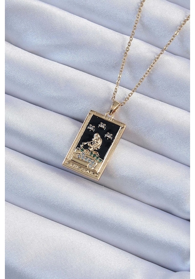 Utterly Good Kolye Zirkon Taşlı Siyah Mineli Kız Figürlü Tarot 316l Çelik Metalik