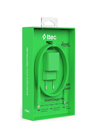 Ttec Smartcharger Gan 20w Pd Seyahat Hızlı Şarj Aleti + Usb-c - Usb-c 3a Kablo Neon - Yeşil