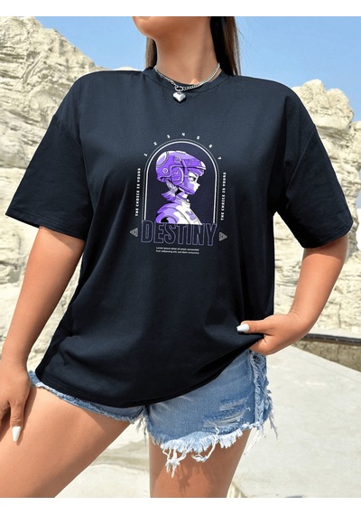 Uyguntarz Unisex Destiny Kız Tasarım Basklı Tshirt Lacivert