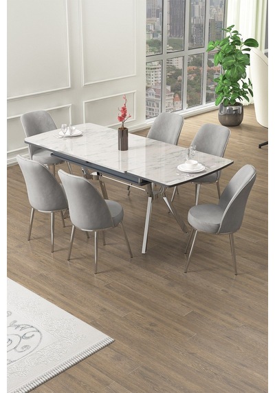 Canisa Poy Serisi 89x150 Açılabilir Lak Panel Beyaz Mermer Desen Masa Takımı 6 Gri Sandalye Beyaz Mermer Desen Masa Sandalyeler Gri Canisa Poy Serisi 89x150 Açılabilir Lak Panel Beyaz Mermer Desen Masa Takımı 6 Gri Sandalye Beyaz Mermer Desen Masa Sandalyeler Gri