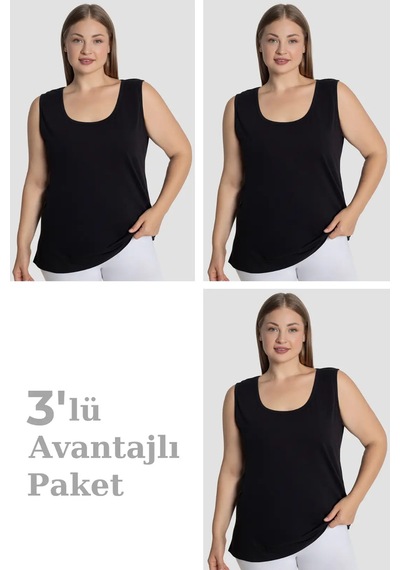 Hadpols Premium Kadın Pamuklu Büyük Beden Kalın Askılı Atlet 3'lü Paket Yuvarlak Yaka Giyim Siyah-3