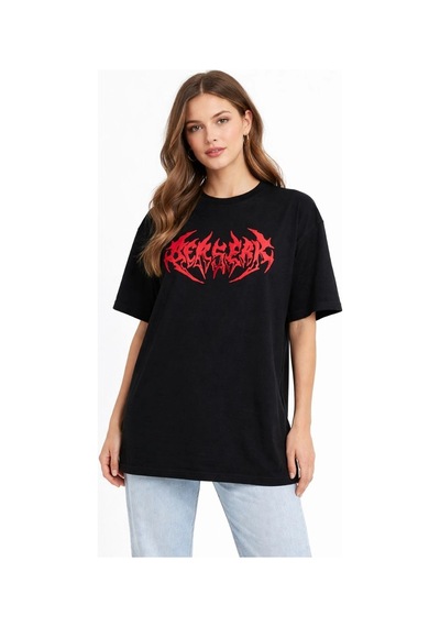 Kadın Kısa Kol Yazlık Tişört Bisiklet Yaka Baskılı Oversize T-shirt - Siyah Çok Renkli