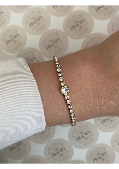 Pinery Jewels Oval Zirkon Taşlı Çelik Kararmaz Kelepçe Kadın Bileklik Altın