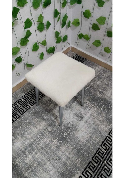 Özcan Metal Metal Ayak Teddy Kumaş Dekoratif Çok Amaçlı Peluş Puf Tabure Bench Koltuk Sandalye Krembeyaz