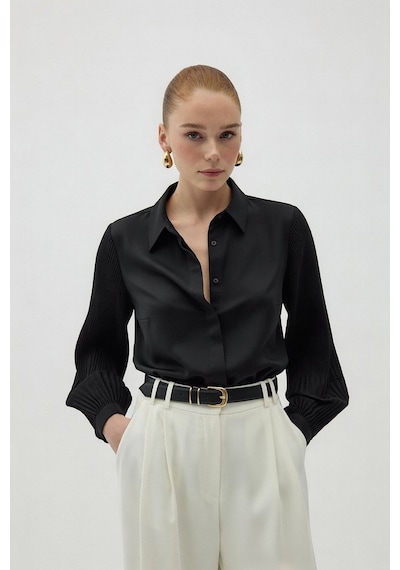 Sateen Plise Kollu Gömlek - Siyah-137085 Siyah