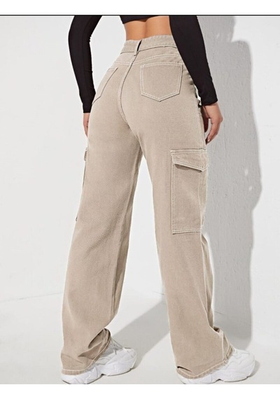 2090 Kadın Likrasız Kargo Cepli Bol Paça Jeans Kot Denim Pantolon Bej