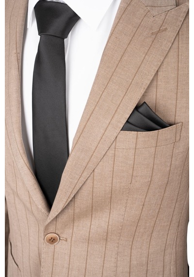 Hatemoğlu Kahverengi Slim Fit Çizgili Sivri Yaka Keten Casual Takım Elbise Hatemoğlu Kahverengi Slim Fit Çizgili Sivri Yaka Keten Casual Takım Elbise