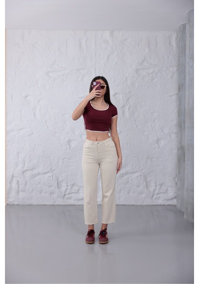 Eseclass Premium Krem Straight Denim Kesik Paça Jean Pantolon Krem Krem
