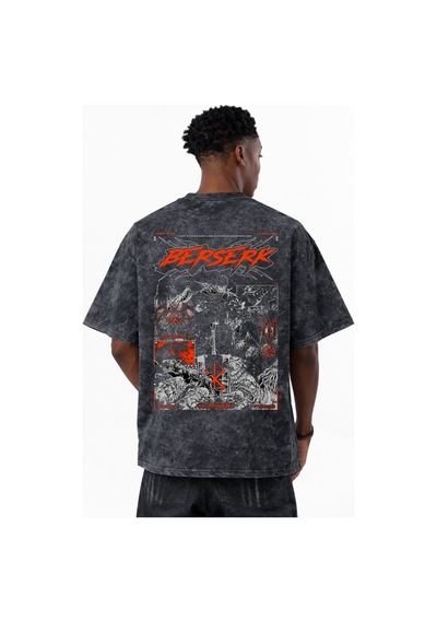 Berserk Guts Anime Baskılı Unisex Oversize Eskitme Yıkamalı Tişör Siyah