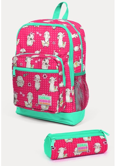Coral High Kids Neon Mercan Su Yeşili Alpaka Desenli 2'li Okul Çanta Seti Set0223466