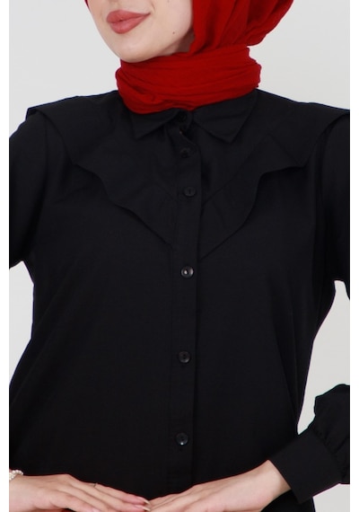 Sevitli Yakası Kat Detaylı Poplin Tunik-siyah-3518-siyah Siyah